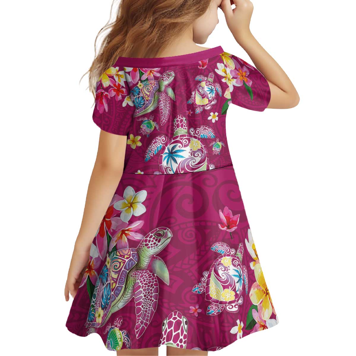 Hawaiian Turtles and Tropical Plants Kid Short Sleeve Dress Pink Watercolor