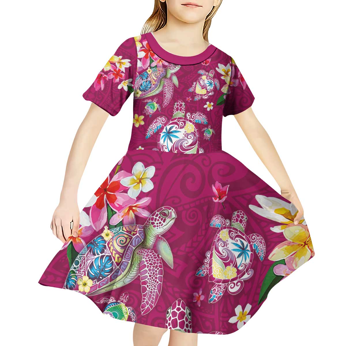 Hawaiian Turtles and Tropical Plants Kid Short Sleeve Dress Pink Watercolor