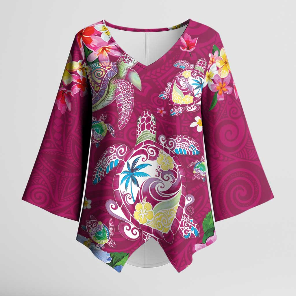 Hawaiian Turtles and Tropical Plants Kimono Sleeve Blouse Pink Watercolor LT03 Female Pink - Polynesian Pride