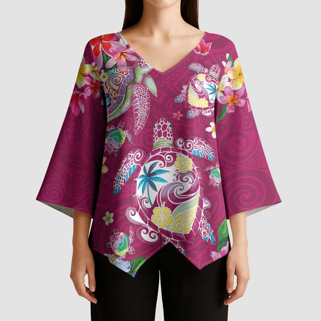 Hawaiian Turtles and Tropical Plants Kimono Sleeve Blouse Pink Watercolor