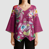 Hawaiian Turtles and Tropical Plants Kimono Sleeve Blouse Pink Watercolor