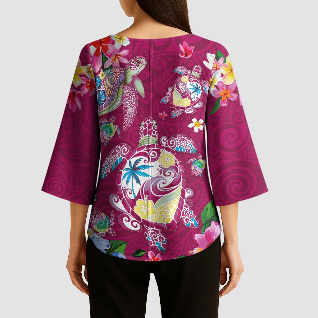 Hawaiian Turtles and Tropical Plants Kimono Sleeve Blouse Pink Watercolor