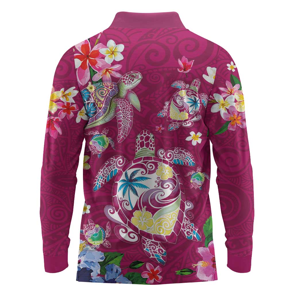 Hawaiian Turtles and Tropical Plants Long Sleeve Polo Shirt Pink Watercolor