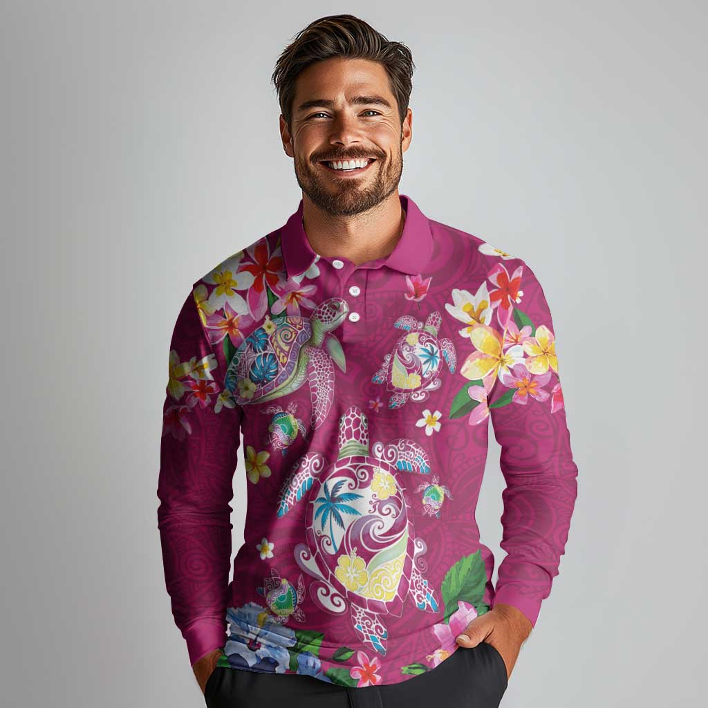 Hawaiian Turtles and Tropical Plants Long Sleeve Polo Shirt Pink Watercolor