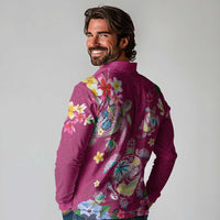 Hawaiian Turtles and Tropical Plants Long Sleeve Polo Shirt Pink Watercolor