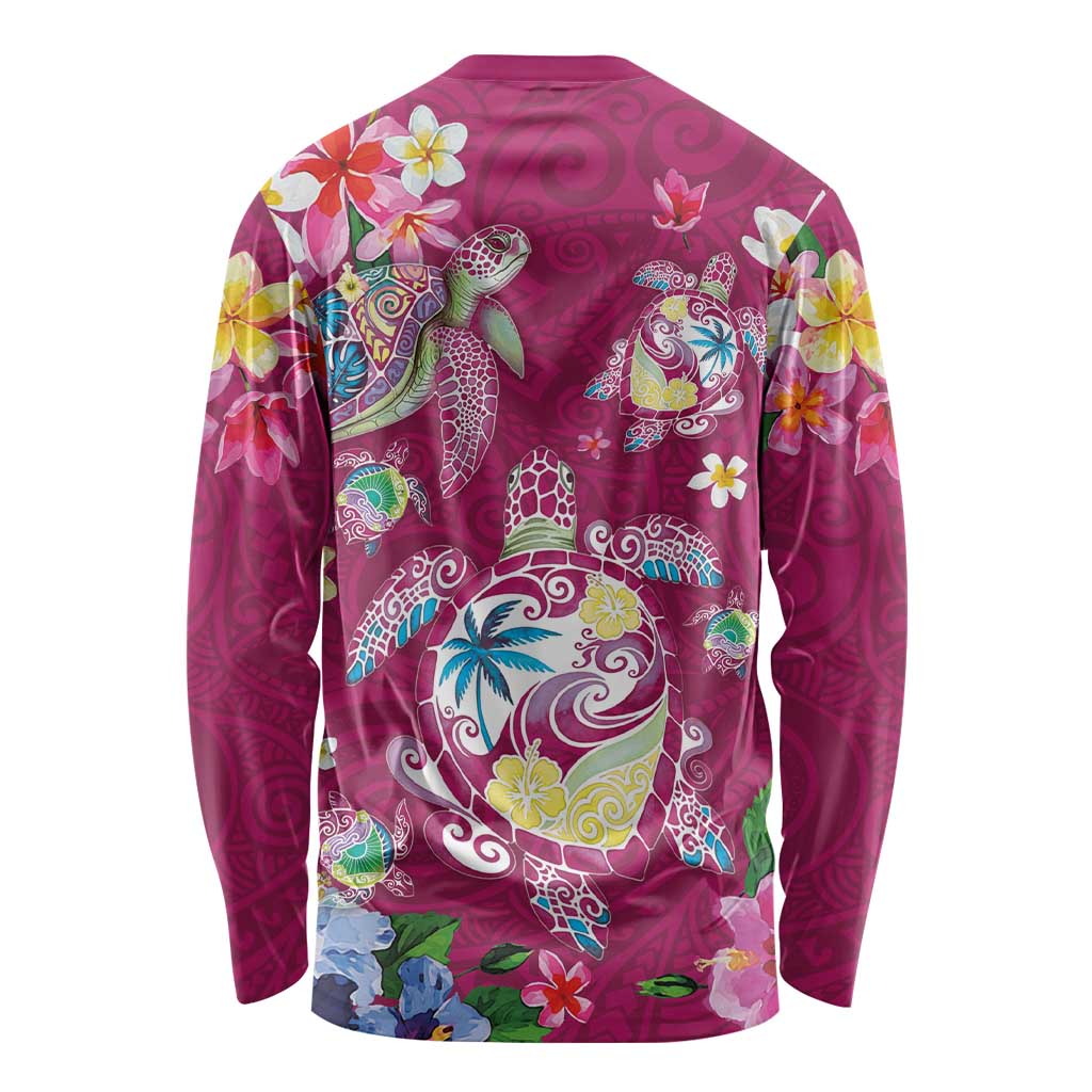 Hawaiian Turtles and Tropical Plants Long Sleeve Shirt Pink Watercolor