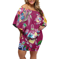 Hawaiian Turtles and Tropical Plants Off Shoulder Short Dress Pink Watercolor