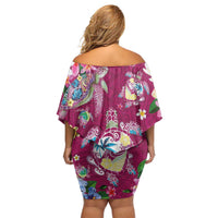 Hawaiian Turtles and Tropical Plants Off Shoulder Short Dress Pink Watercolor