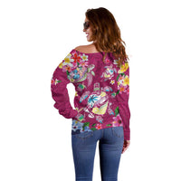 Hawaiian Turtles and Tropical Plants Off Shoulder Sweater Pink Watercolor
