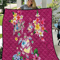 Hawaiian Turtles and Tropical Plants Quilt Pink Watercolor