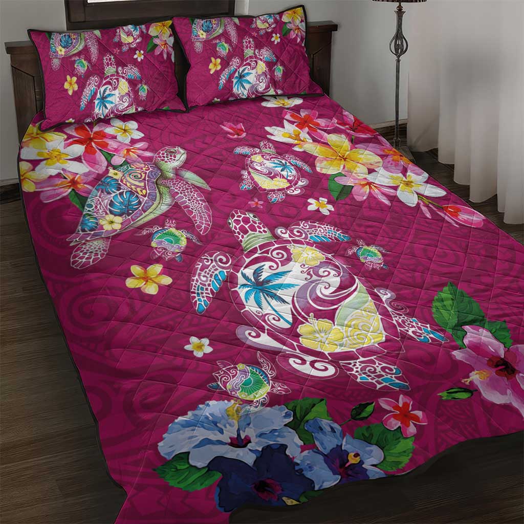 Hawaiian Turtles and Tropical Plants Quilt Bed Set Pink Watercolor