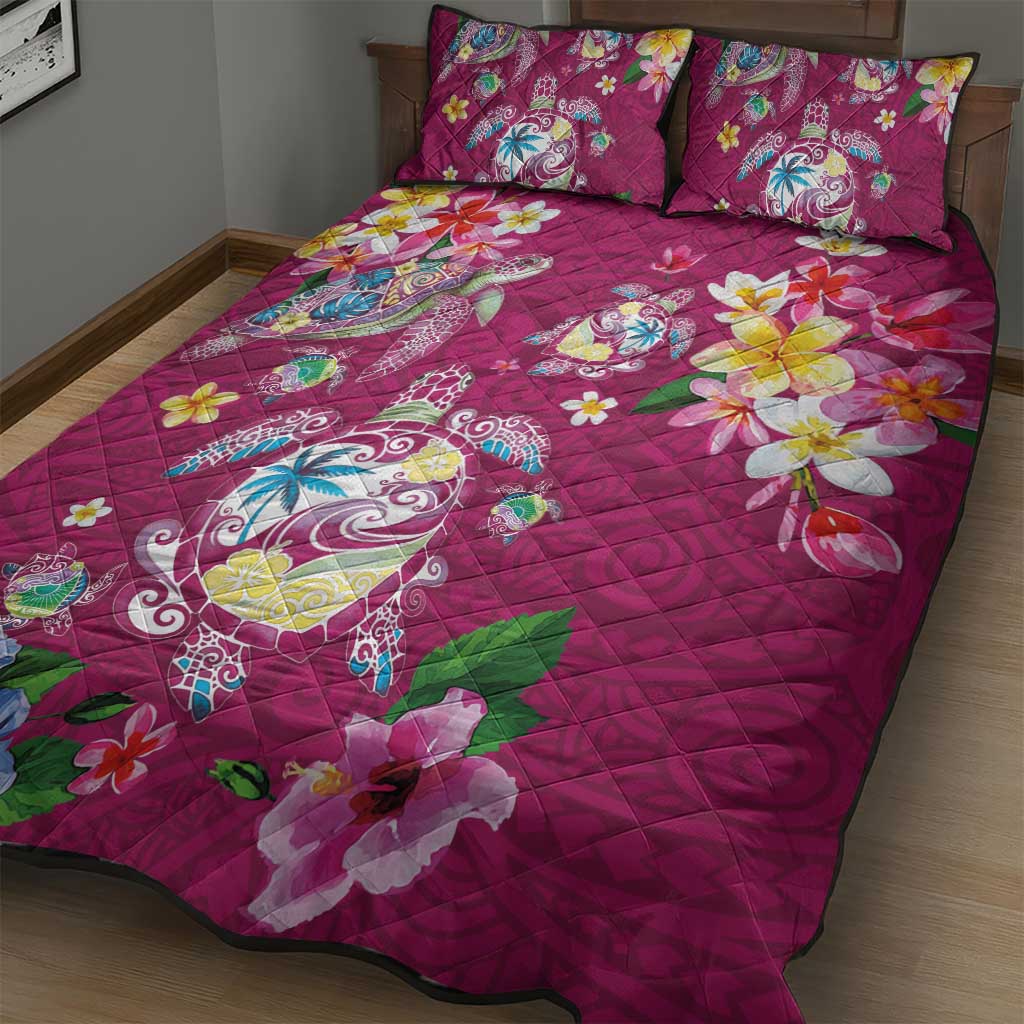Hawaiian Turtles and Tropical Plants Quilt Bed Set Pink Watercolor