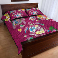 Hawaiian Turtles and Tropical Plants Quilt Bed Set Pink Watercolor