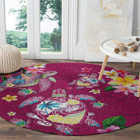 Hawaiian Turtles and Tropical Plants Round Carpet Pink Watercolor