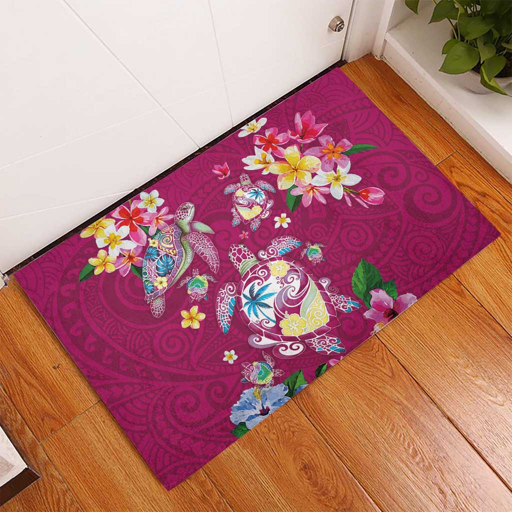 Hawaiian Turtles and Tropical Plants Rubber Doormat Pink Watercolor