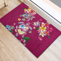 Hawaiian Turtles and Tropical Plants Rubber Doormat Pink Watercolor