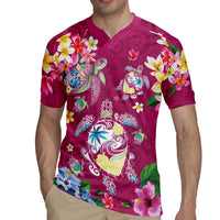 Hawaiian Turtles and Tropical Plants Rugby Jersey Pink Watercolor