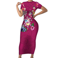 Hawaiian Turtles and Tropical Plants Short Sleeve Bodycon Dress Pink Watercolor