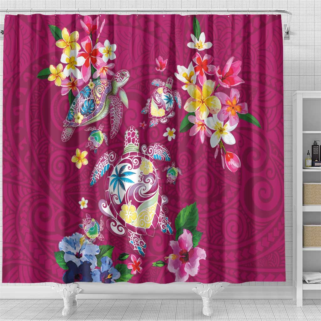 Hawaiian Turtles and Tropical Plants Shower Curtain Pink Watercolor