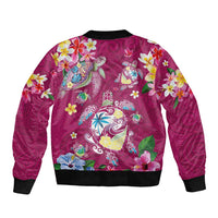 Hawaiian Turtles and Tropical Plants Sleeve Zip Bomber Jacket Pink Watercolor