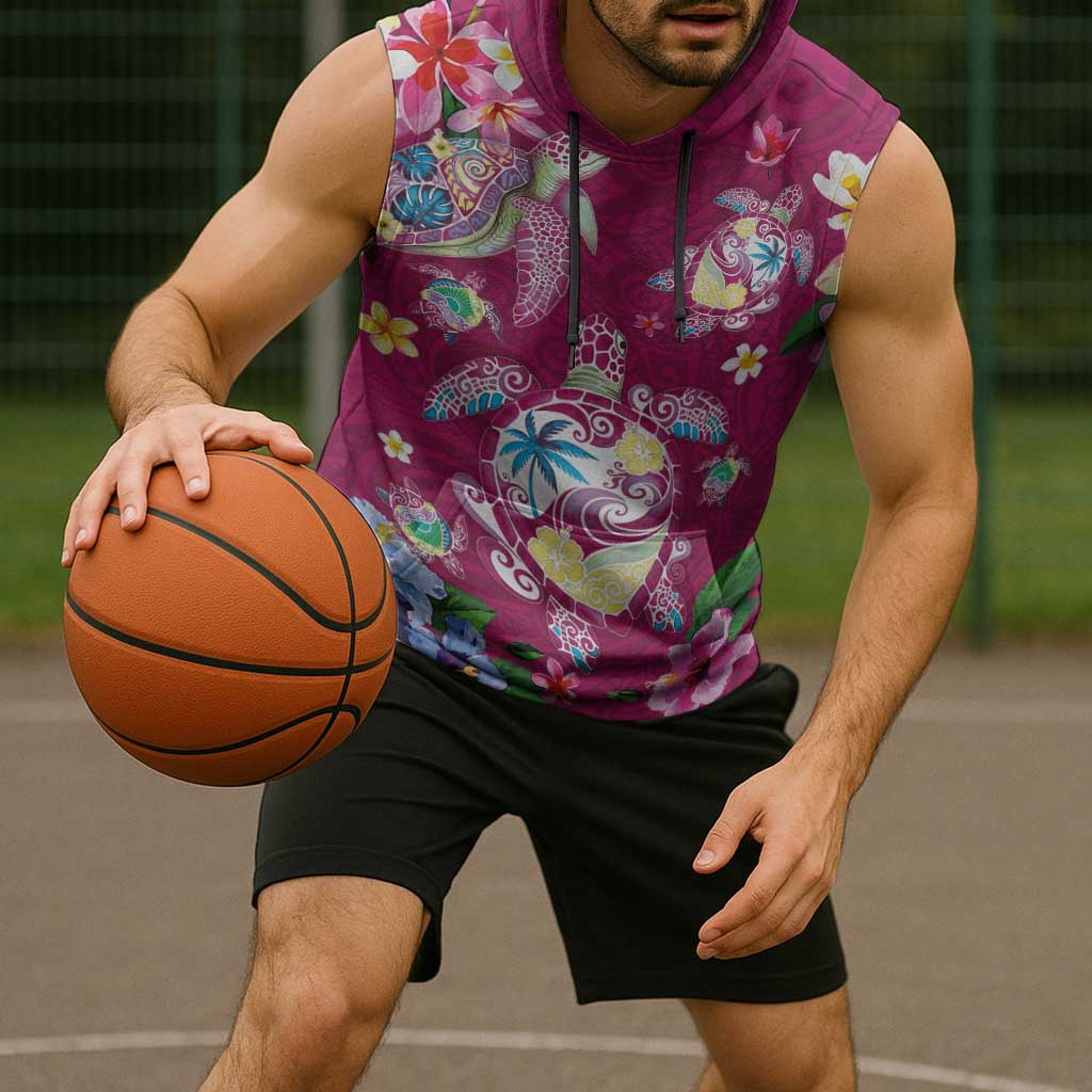 Hawaiian Turtles and Tropical Plants Sleeveless Hoodie Pink Watercolor LT03 - Polynesian Pride
