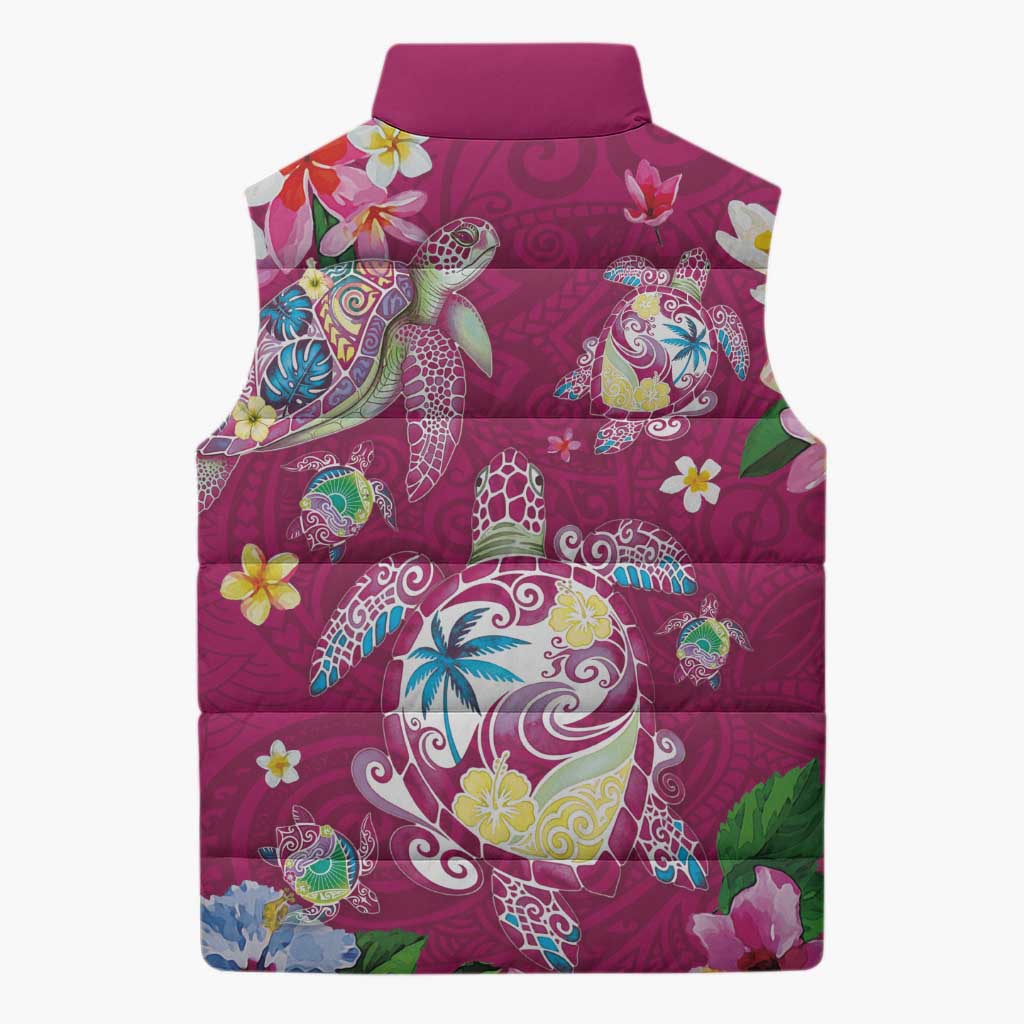 Hawaiian Turtles and Tropical Plants Sleeveless Puffer Jacket Pink Watercolor