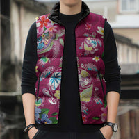 Hawaiian Turtles and Tropical Plants Sleeveless Puffer Jacket Pink Watercolor