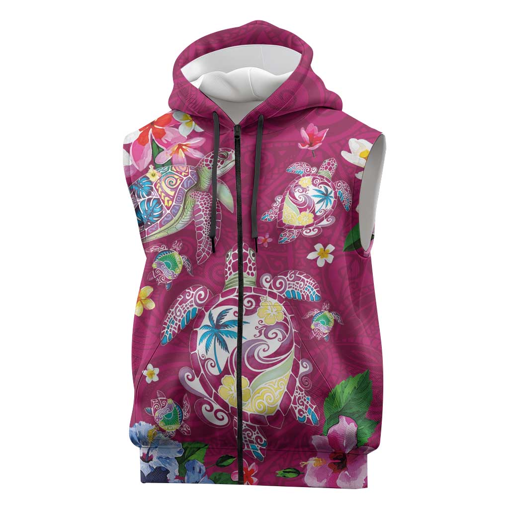 Hawaiian Turtles and Tropical Plants Sleeveless Zip Hoodie Pink Watercolor