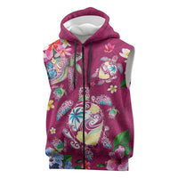 Hawaiian Turtles and Tropical Plants Sleeveless Zip Hoodie Pink Watercolor