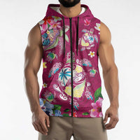 Hawaiian Turtles and Tropical Plants Sleeveless Zip Hoodie Pink Watercolor