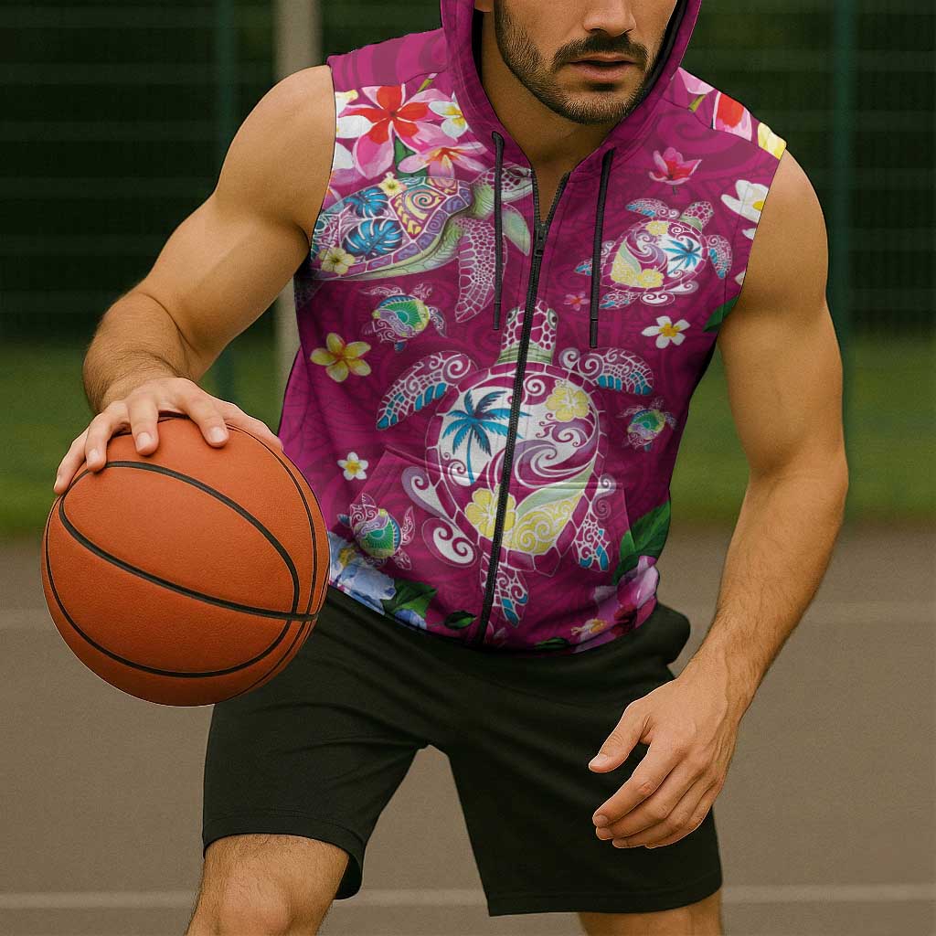 Hawaiian Turtles and Tropical Plants Sleeveless Zip Hoodie Pink Watercolor