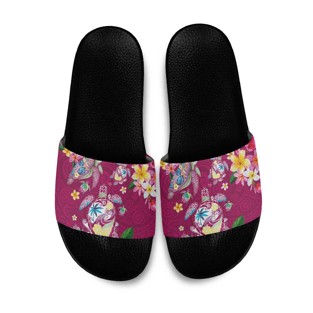 Hawaiian Turtles and Tropical Plants Slide Sandals Pink Watercolor