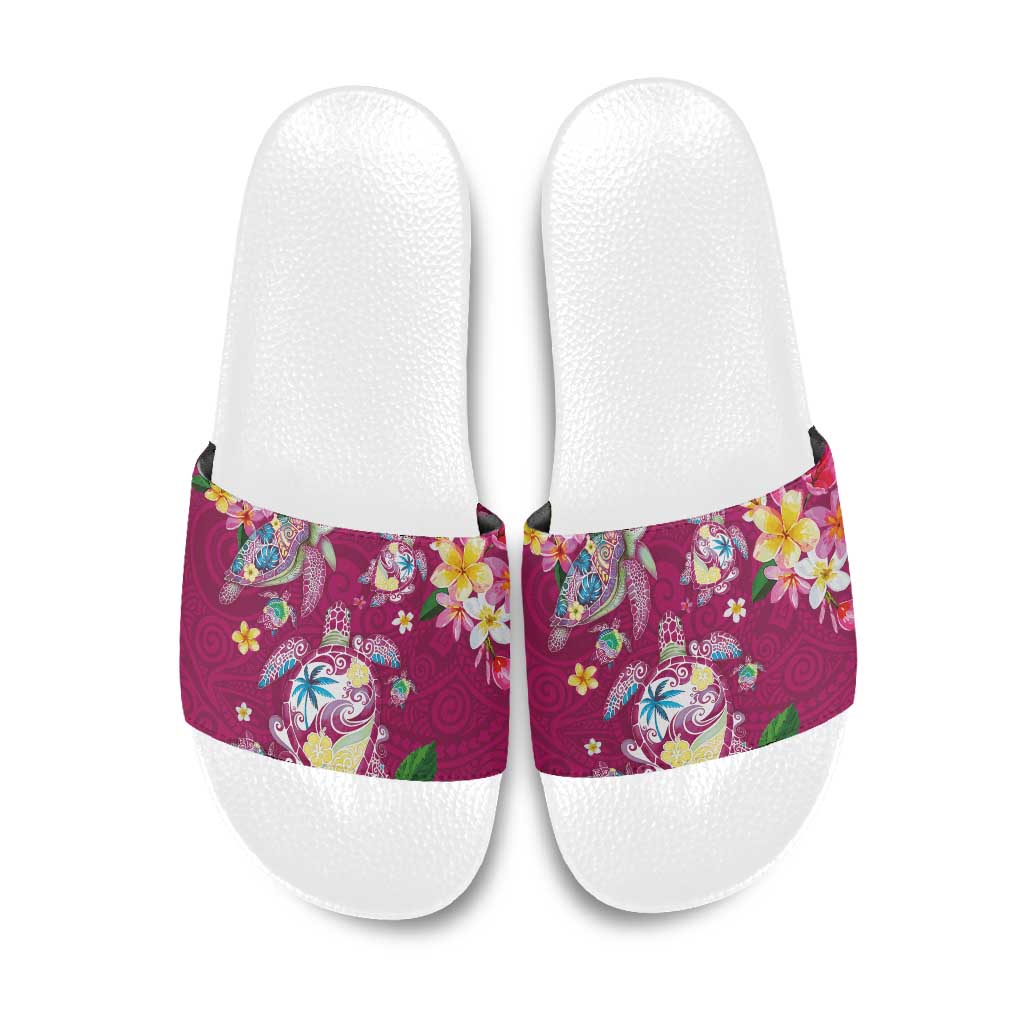 Hawaiian Turtles and Tropical Plants Slide Sandals Pink Watercolor