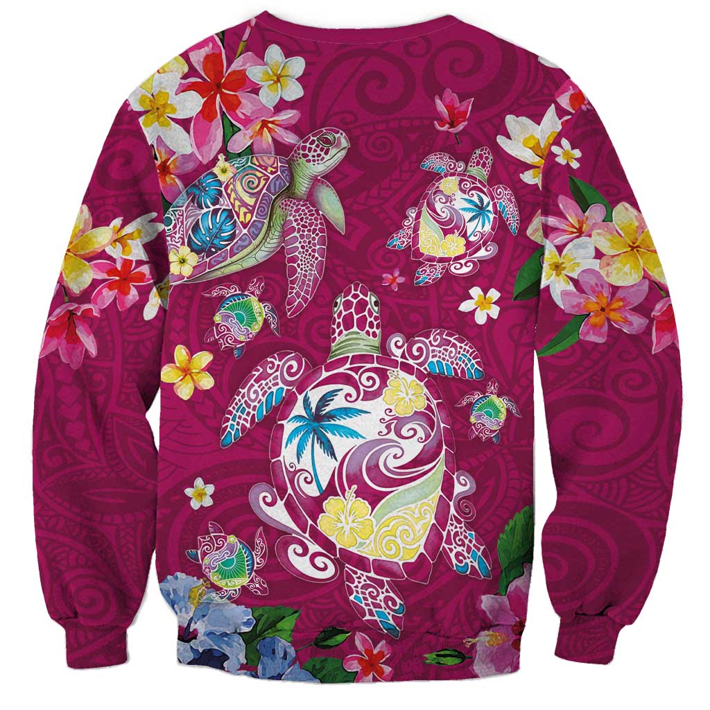 Hawaiian Turtles and Tropical Plants Sweatshirt Pink Watercolor