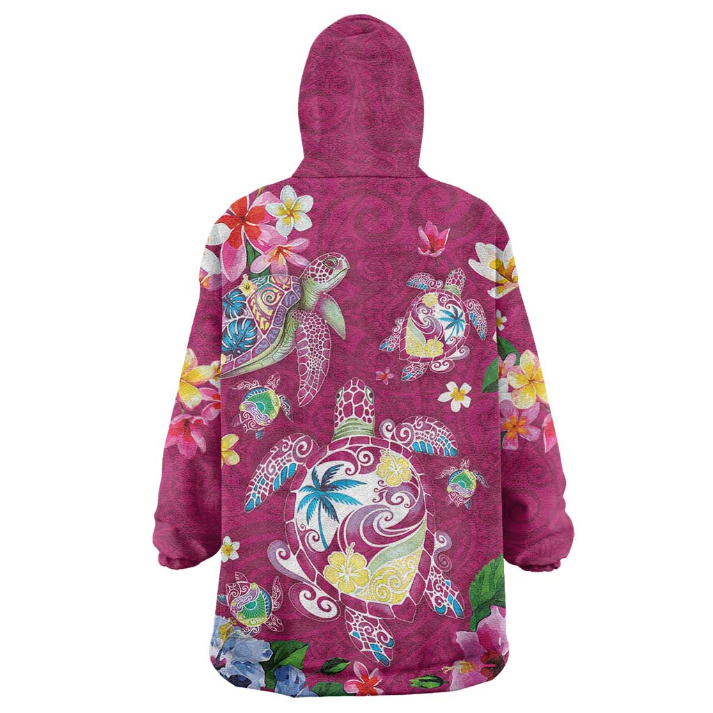 Hawaiian Turtles and Tropical Plants Wearable Blanket Hoodie Pink Watercolor