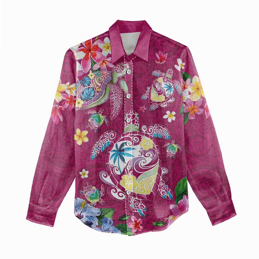 Hawaiian Turtles and Tropical Plants Women Casual Shirt Pink Watercolor