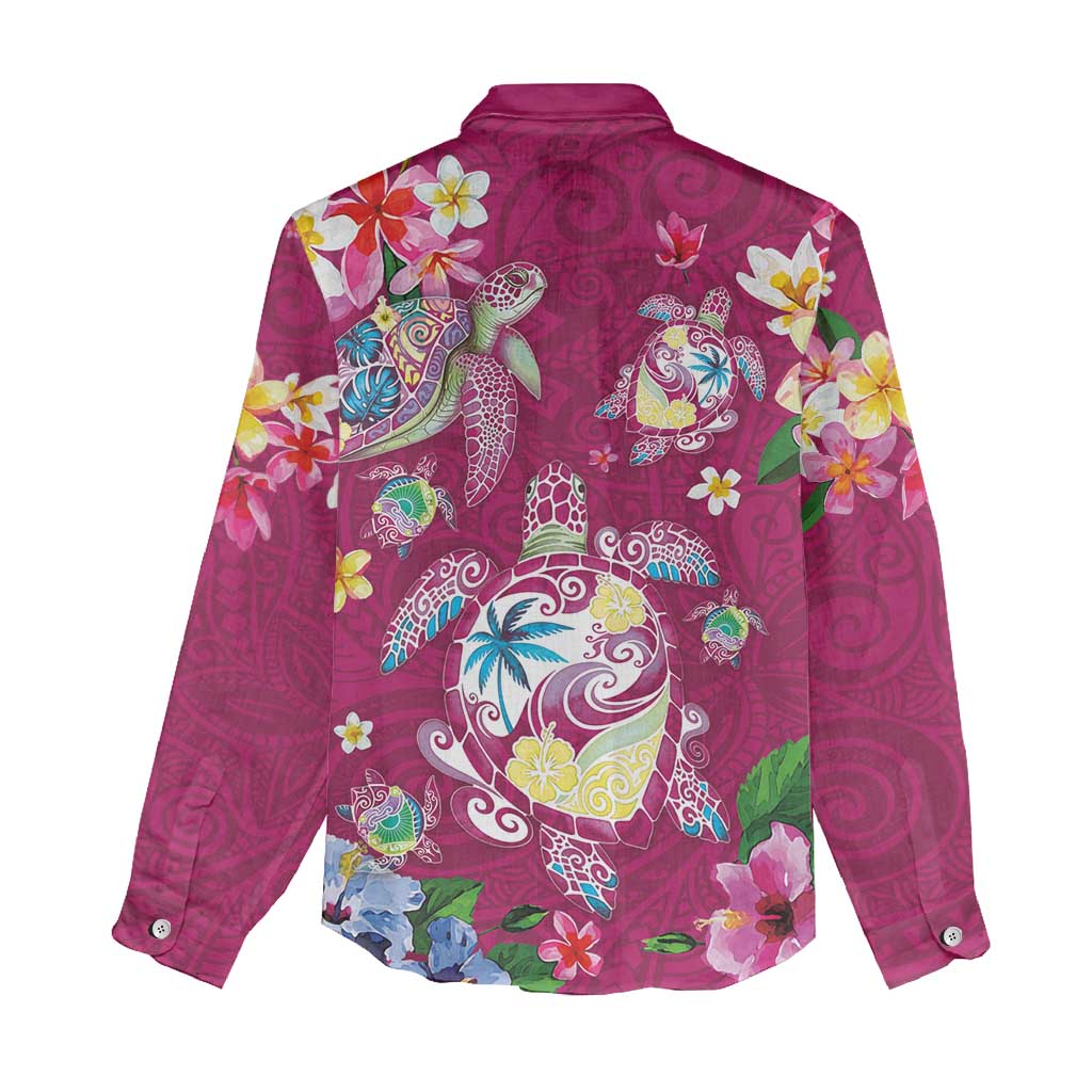 Hawaiian Turtles and Tropical Plants Women Casual Shirt Pink Watercolor