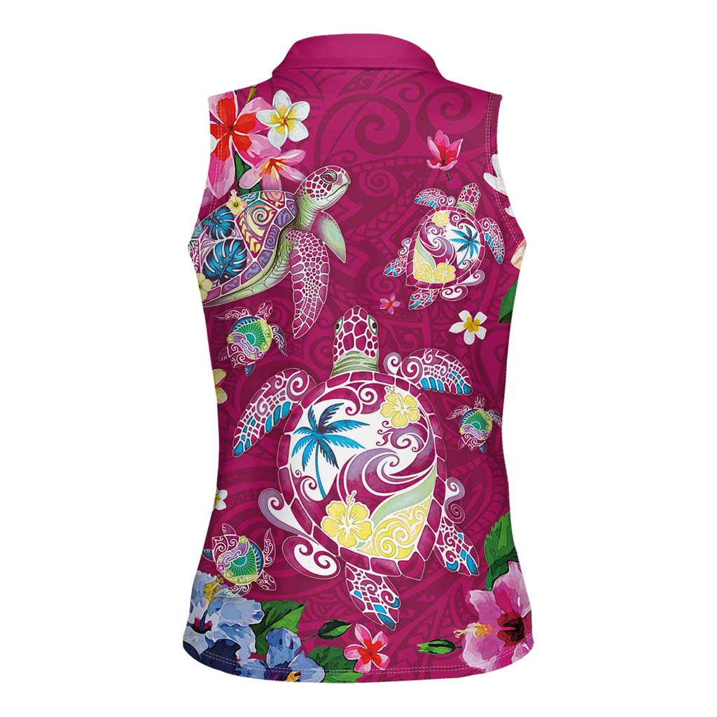 Hawaiian Turtles and Tropical Plants Women Sleeveless Polo Shirt Pink Watercolor