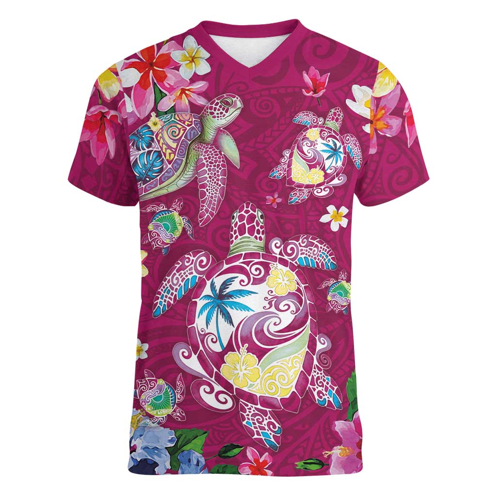 Hawaiian Turtles and Tropical Plants Women V-Neck T-Shirt Pink Watercolor