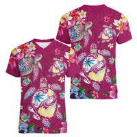 Hawaiian Turtles and Tropical Plants Women V-Neck T-Shirt Pink Watercolor