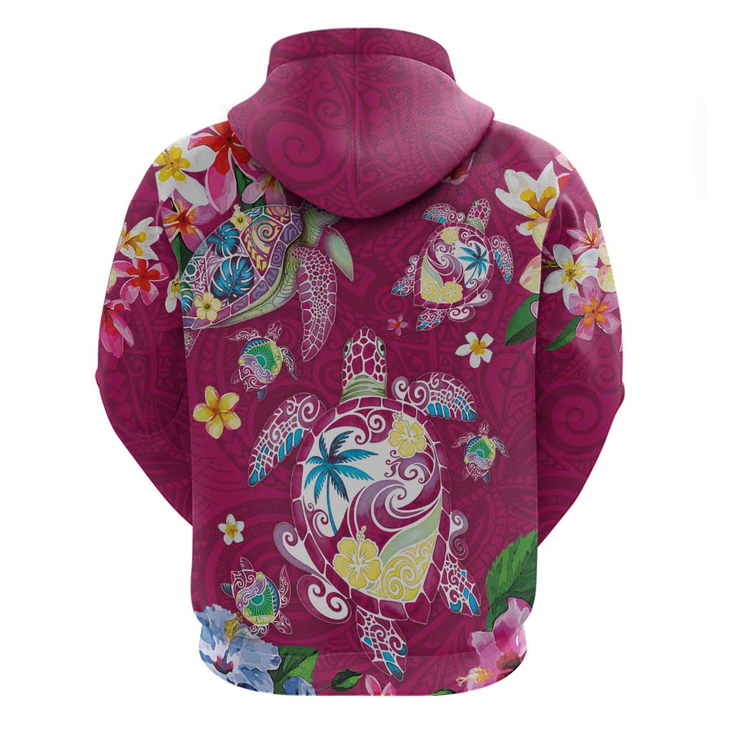 Hawaiian Turtles and Tropical Plants Zip Hoodie Pink Watercolor