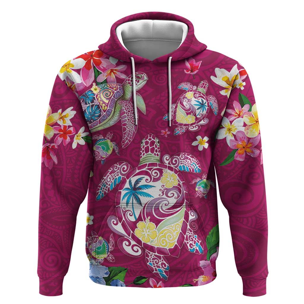 Hawaiian Turtles and Tropical Plants Zip Hoodie Pink Watercolor