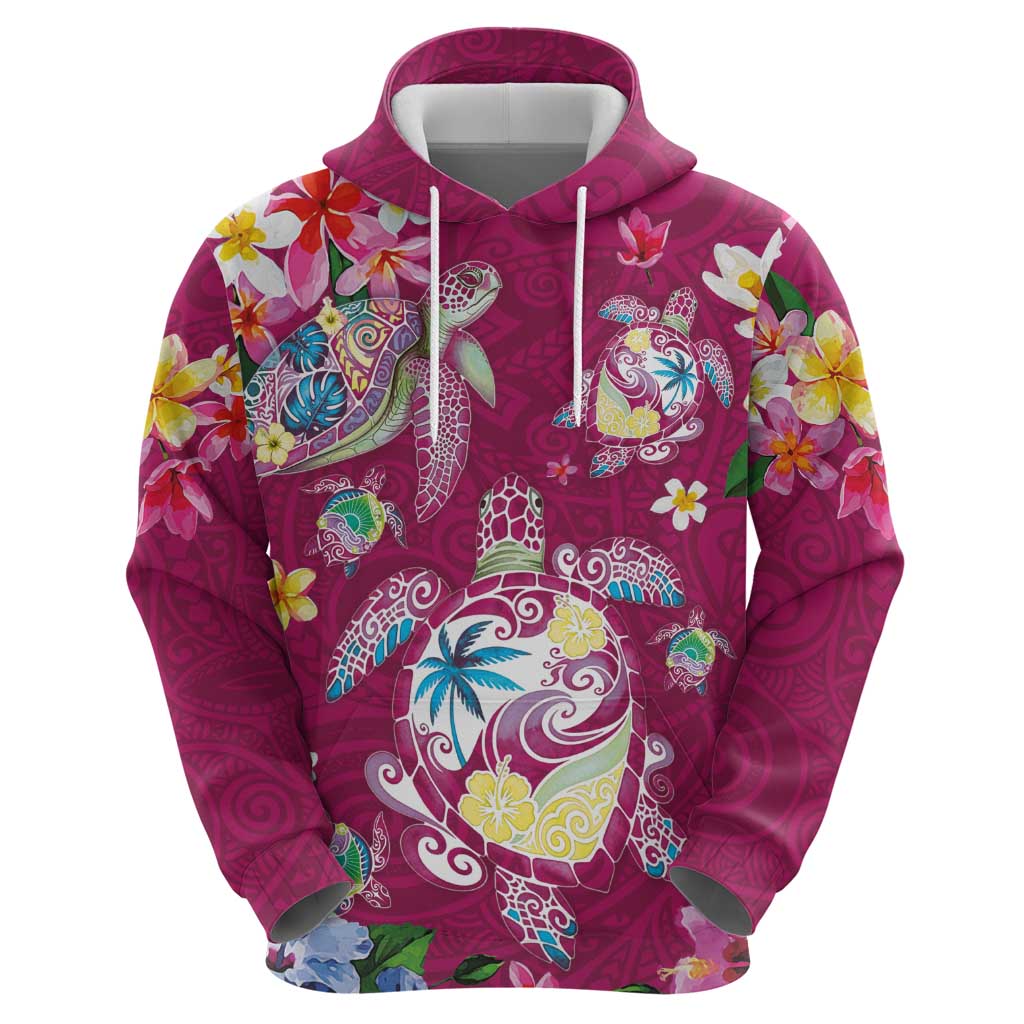 Hawaiian Turtles and Tropical Plants Zip Hoodie Pink Watercolor