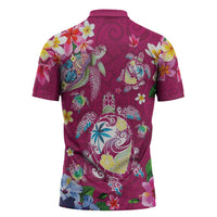 Hawaiian Turtles and Tropical Plants Zipper Polo Shirt Pink Watercolor