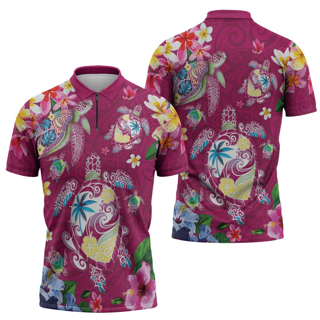 Hawaiian Turtles and Tropical Plants Zipper Polo Shirt Pink Watercolor