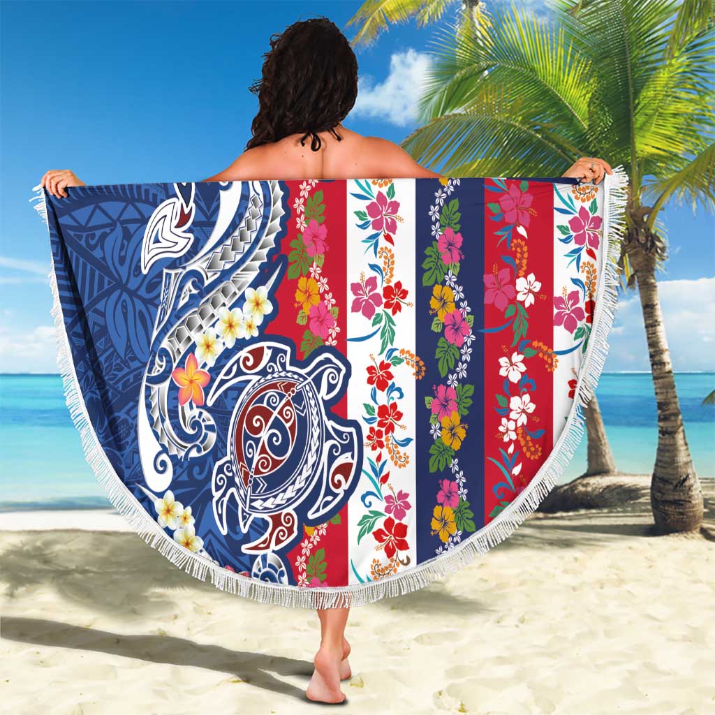 Hawaiian Manta Ray and Turtle Tribal Tattoo Beach Blanket With Hawaii Flag and Flowers