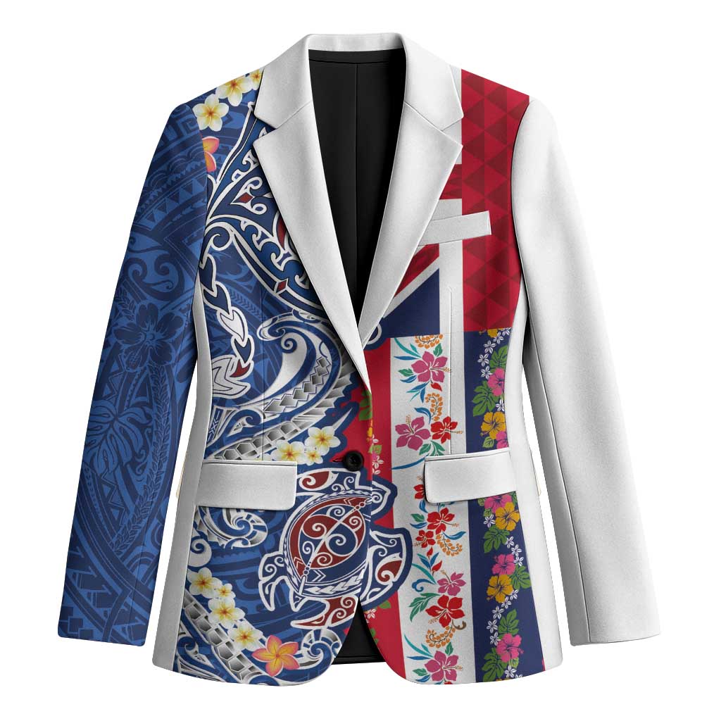 Hawaiian Manta Ray and Turtle Tribal Tattoo Blazer With Hawaii Flag and Flowers LT03 Unisex Multicolor - Polynesian Pride