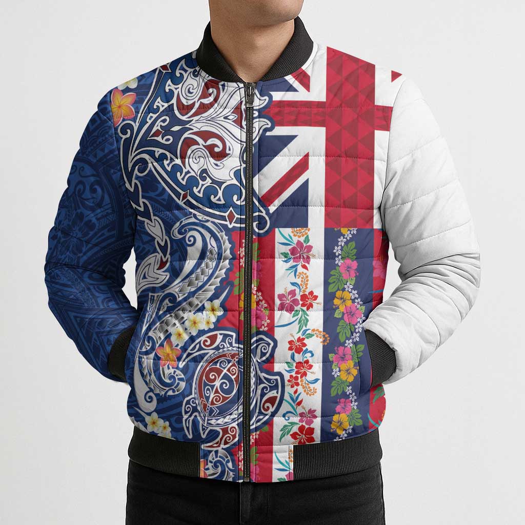 Hawaiian Manta Ray and Turtle Tribal Tattoo Bomber Puffer Jacket With Hawaii Flag and Flowers