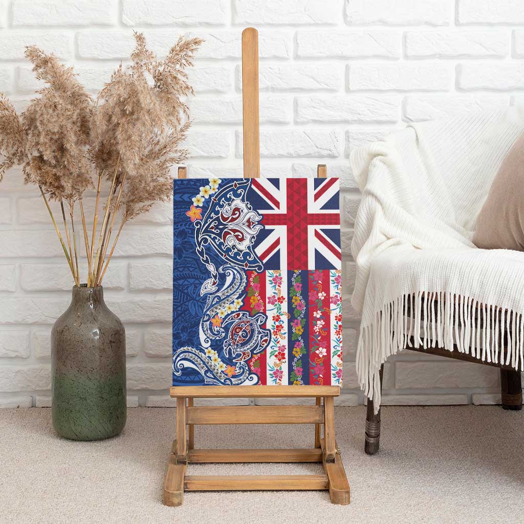 Hawaiian Manta Ray and Turtle Tribal Tattoo Canvas Wall Art With Hawaii Flag and Flowers