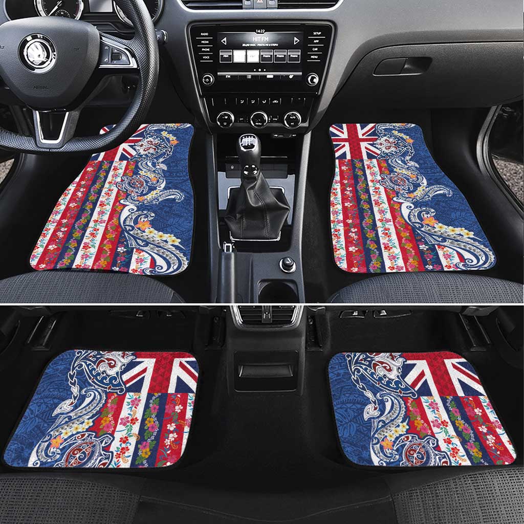 Hawaiian Manta Ray and Turtle Tribal Tattoo Car Mats With Hawaii Flag and Flowers